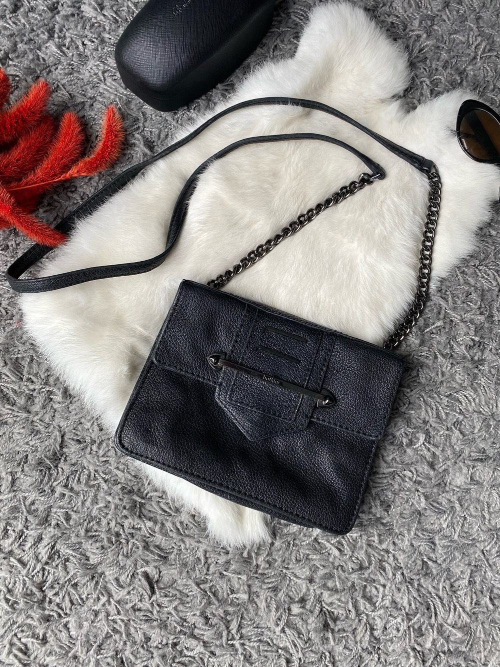 Botkier Black Pebbled Leather Small Crossbody Flap Bag Gunmetal Hardware